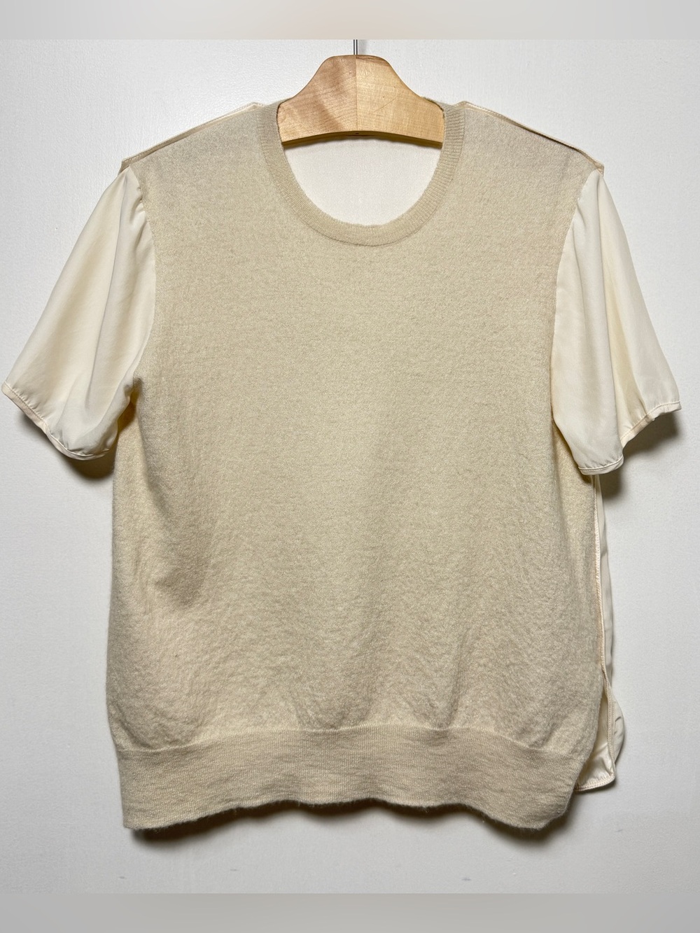 Celine Cashmere Cotton Hybrid Knit Silk Panel Short Sleeve Top Womens Small
